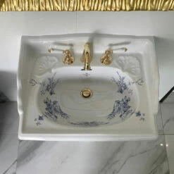Old Fashioned Bathrooms - Victorian Blue Floral Large Basin And Pedestal -Oldfashionedbathrooms Store Victorian Blue Floral Large Basin Close Up