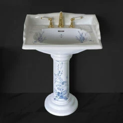 Old Fashioned Bathrooms - Victorian Blue Floral Large Basin And Pedestal