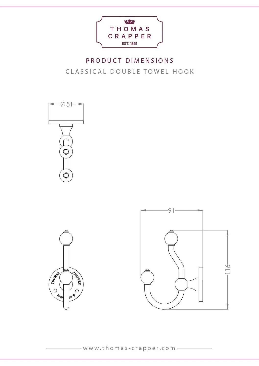 Thomas Crapper Classical Double Towel Hook | Old Fashioned Bathrooms 4 Thomas Crapper Classical Double Towel Hook | Old Fashioned Bathrooms - Image 4